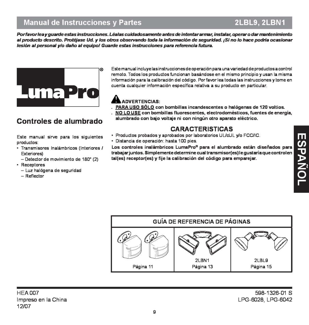 Heath Zenith 2LBN1 español, Manual de Instrucciones y Partes, Caracteristicas, Guía De Referencia De Páginas, 598-1326-01S 