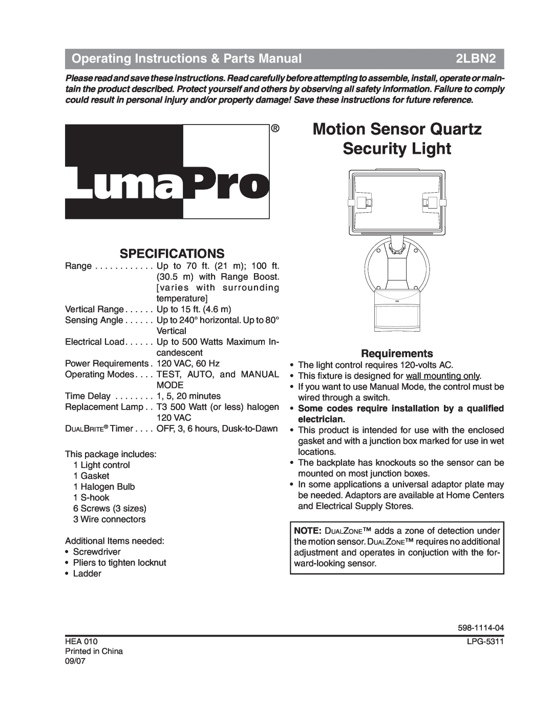 Heath Zenith 2LBN2 specifications Motion Sensor Quartz Security Light, Operating Instructions & Parts Manual, Requirements 