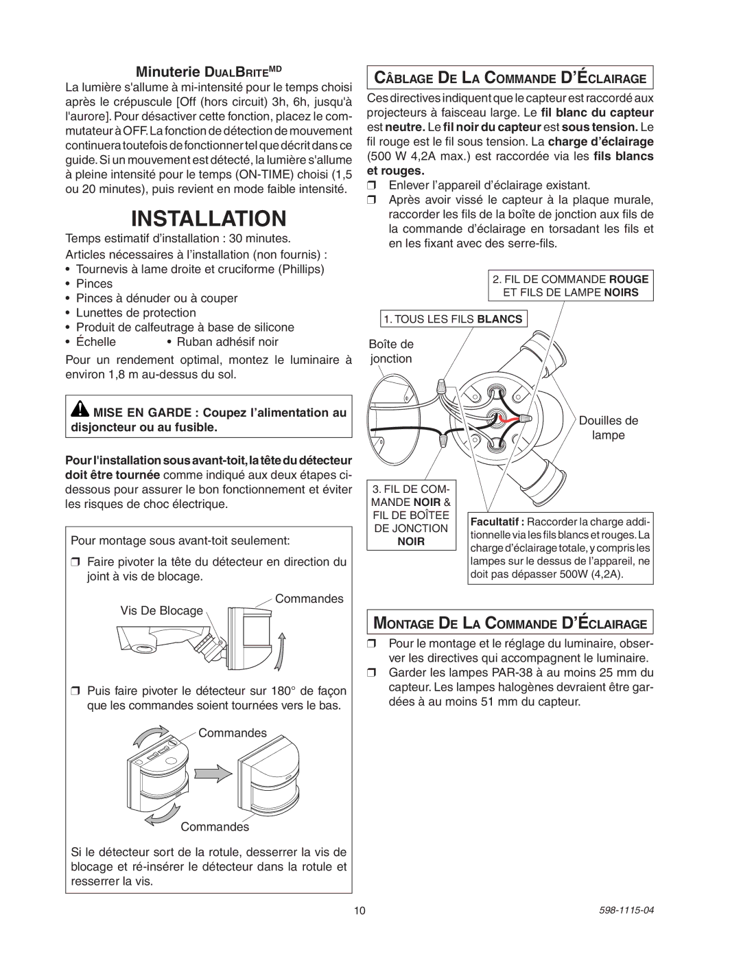 Heath Zenith 2LBN3 manual Minuterie DualBriteMD, Montage De La Commande D’Éclairage, Noir 