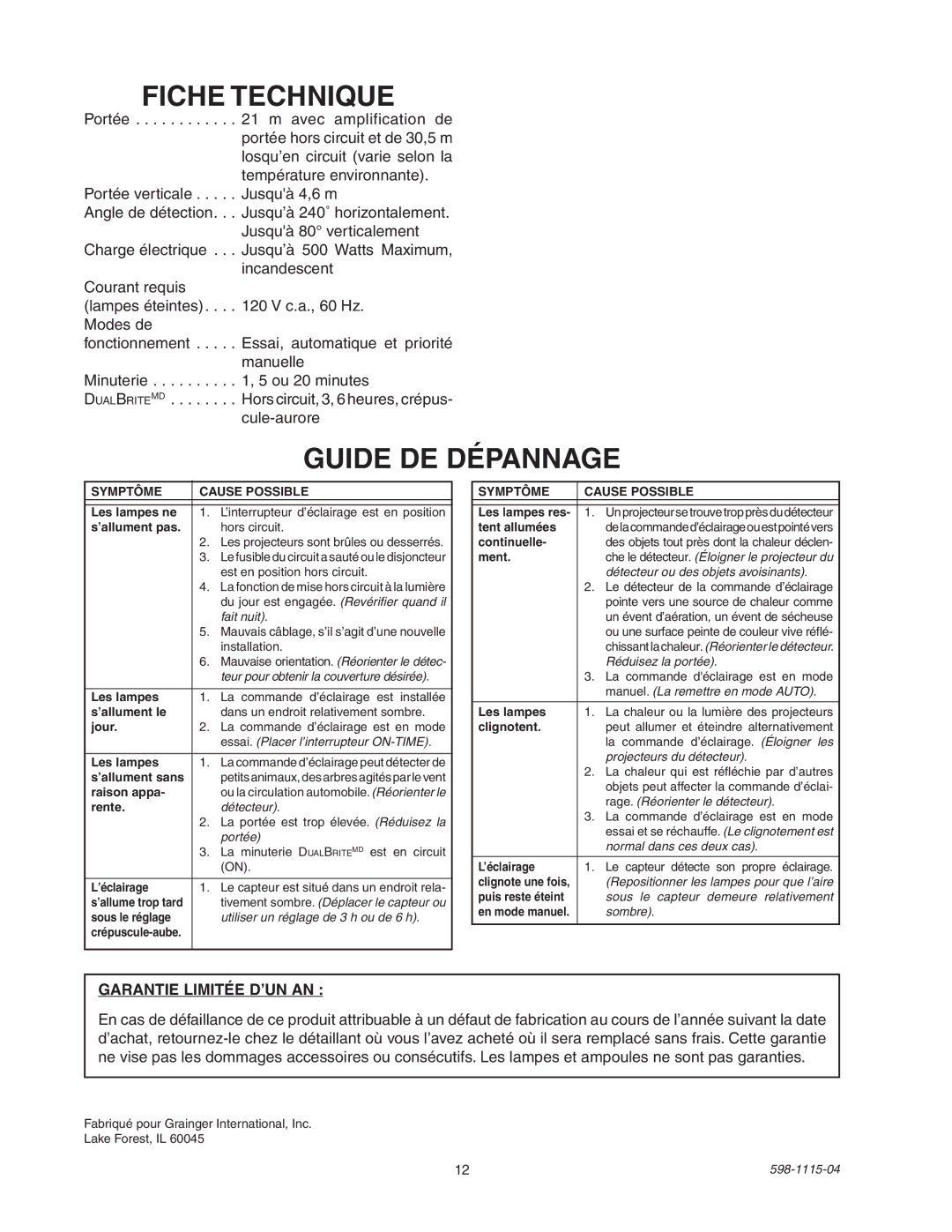 Heath Zenith 2LBN3 manual Fiche Technique, Guide DE Dépannage, Garantie limitée d’un an 