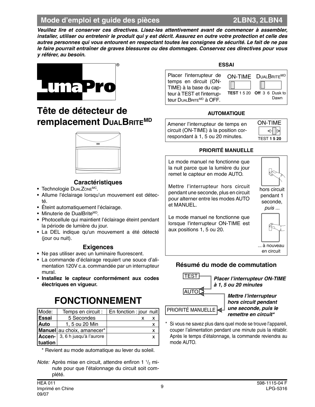 Heath Zenith manual Fonctionnement, Mode d’emploi et guide des pièces 2LBN3, 2LBN4, Caractéristiques, Exigences 