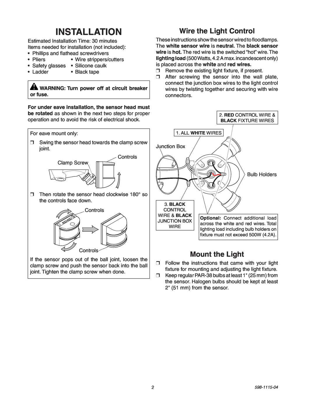 Heath Zenith 2LBN3 manual Installation, Wire the Light Control, Mount the Light 