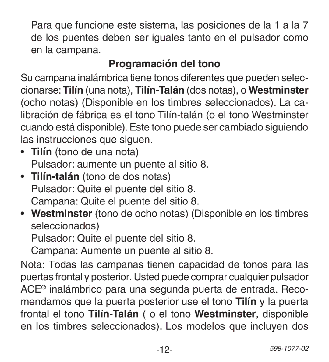 Heath Zenith 3035698 (AC-6190) manual Programación del tono, Tilín tono de una nota Pulsador aumente un puente al sitio 