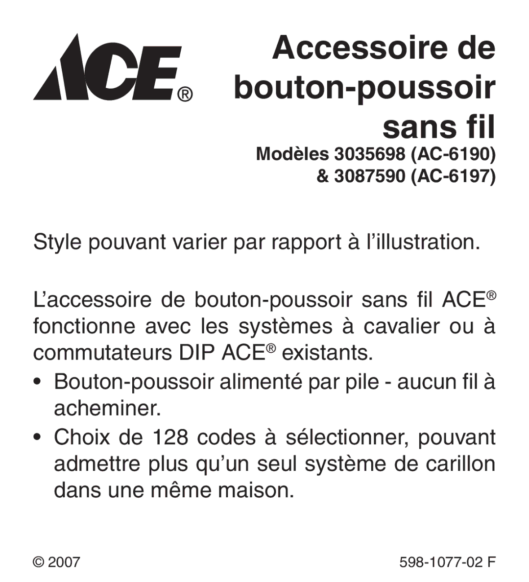 Heath Zenith 3087590 (AC-6197), 3035698 (AC-6190) manual Accessoire de bouton-poussoir sans fil 