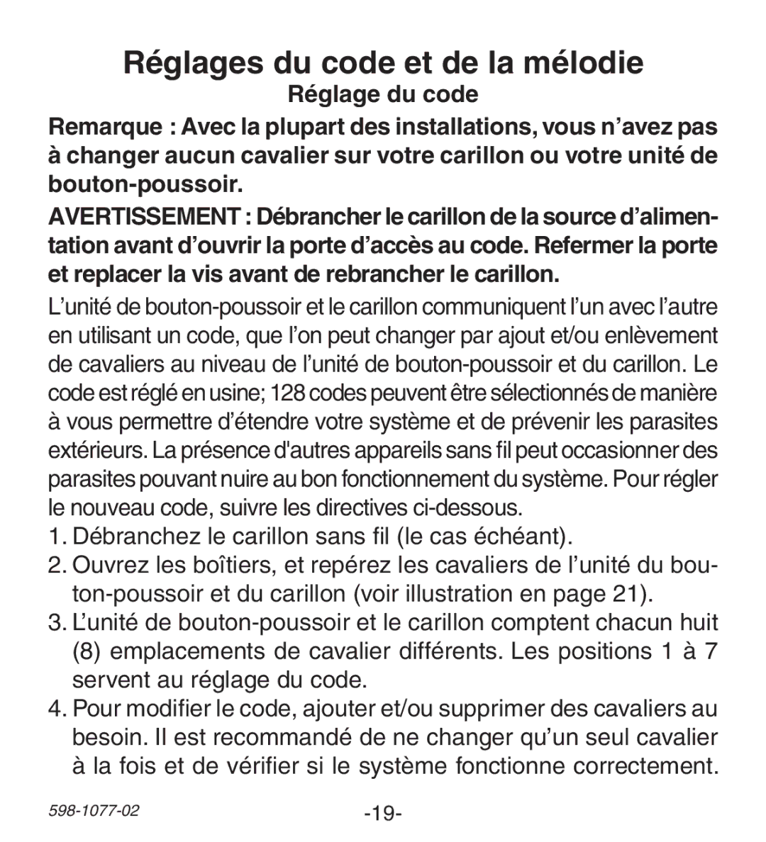 Heath Zenith 3087590 (AC-6197) manual Réglages du code et de la mélodie, Débranchez le carillon sans fil le cas échéant 