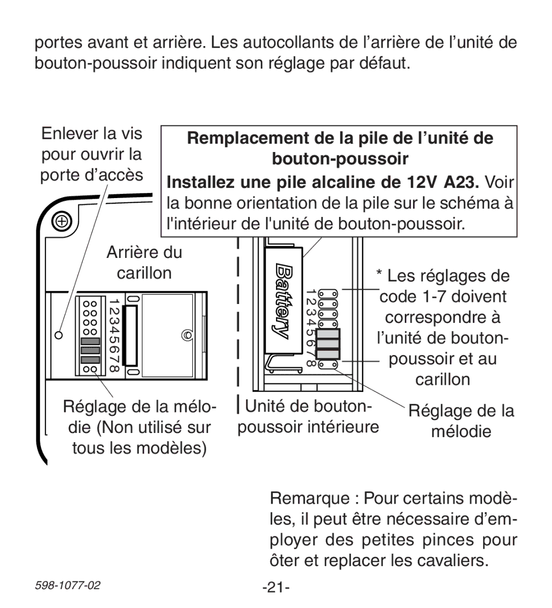 Heath Zenith 3087590 (AC-6197) Remplacement de la pile de l’unité de, Bouton-poussoir, Une pile alcaline de 12V A23. Voir 