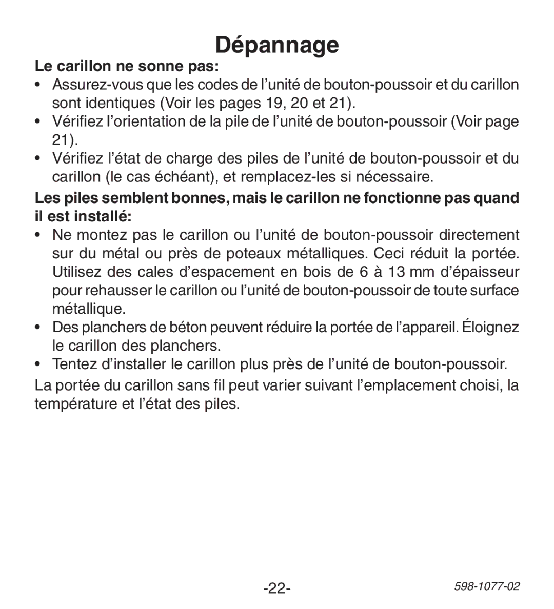 Heath Zenith 3035698 (AC-6190), 3087590 (AC-6197) manual Dépannage, Le carillon ne sonne pas 