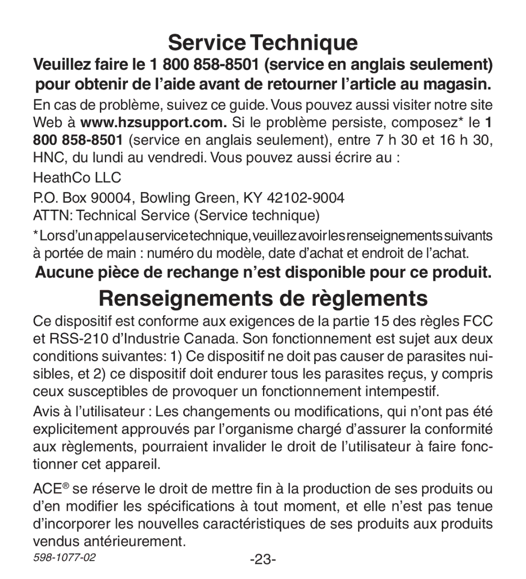 Heath Zenith 3087590 (AC-6197), 3035698 (AC-6190) manual Service Technique, Renseignements de règlements 