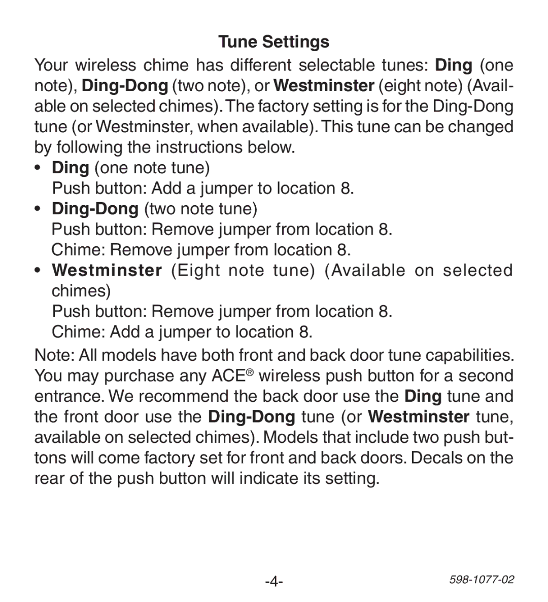 Heath Zenith 3035698 (AC-6190), 3087590 (AC-6197) manual Tune Settings 