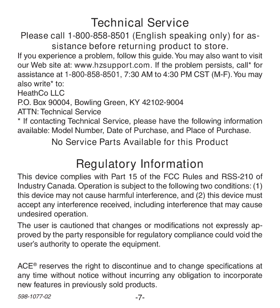 Heath Zenith 3087590 (AC-6197) Technical Service, Regulatory Information, No Service Parts Available for this Product 