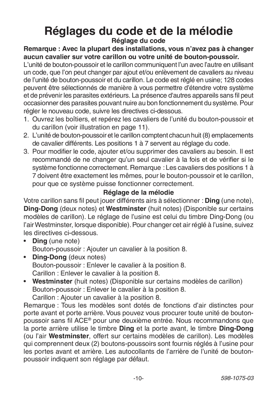 Heath Zenith 3035748 (AC-6195) manual Réglages du code et de la mélodie, Réglage du code, Réglage de la mélodie 