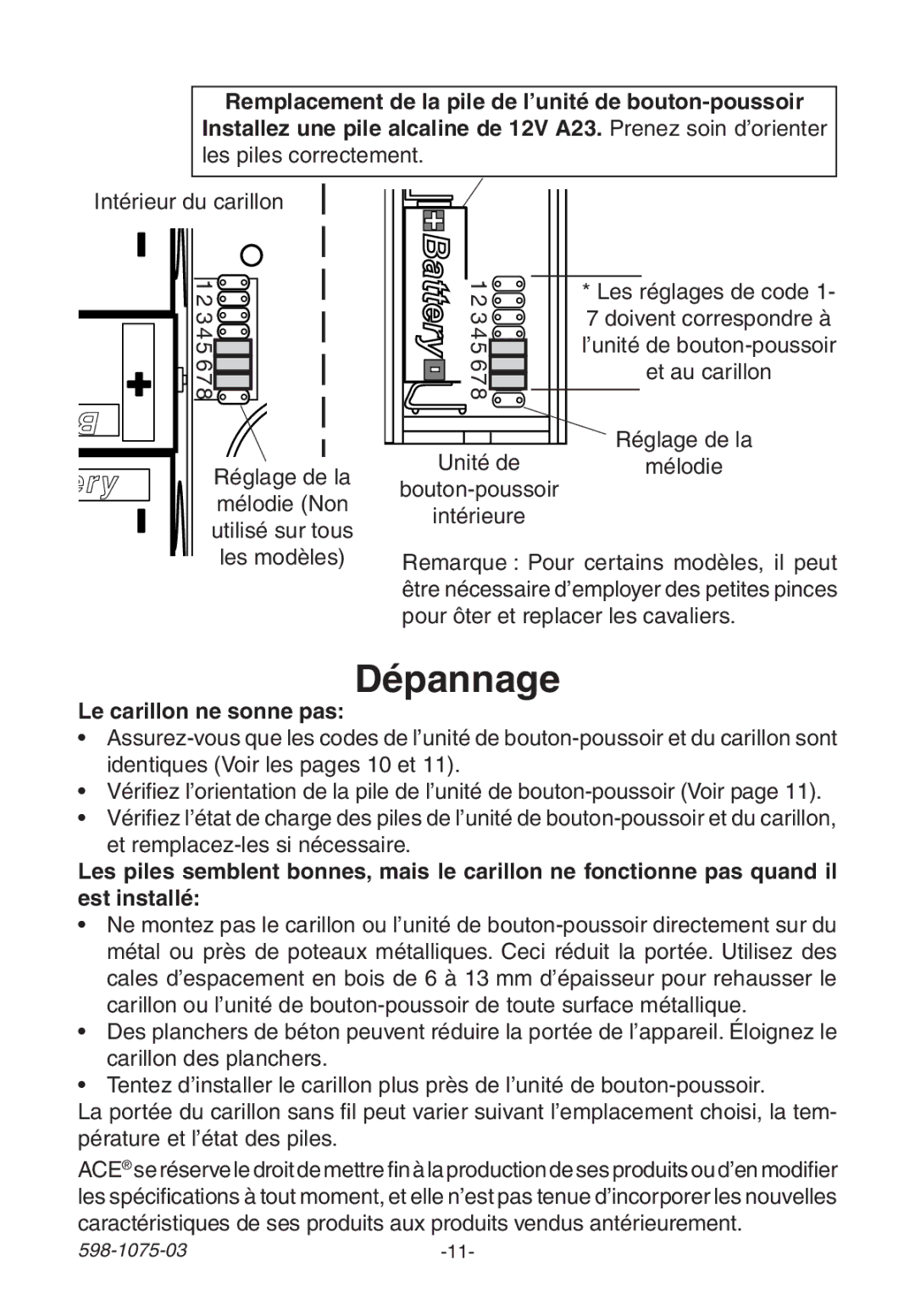 Heath Zenith 3035748 (AC-6195) manual Dépannage, Le carillon ne sonne pas 