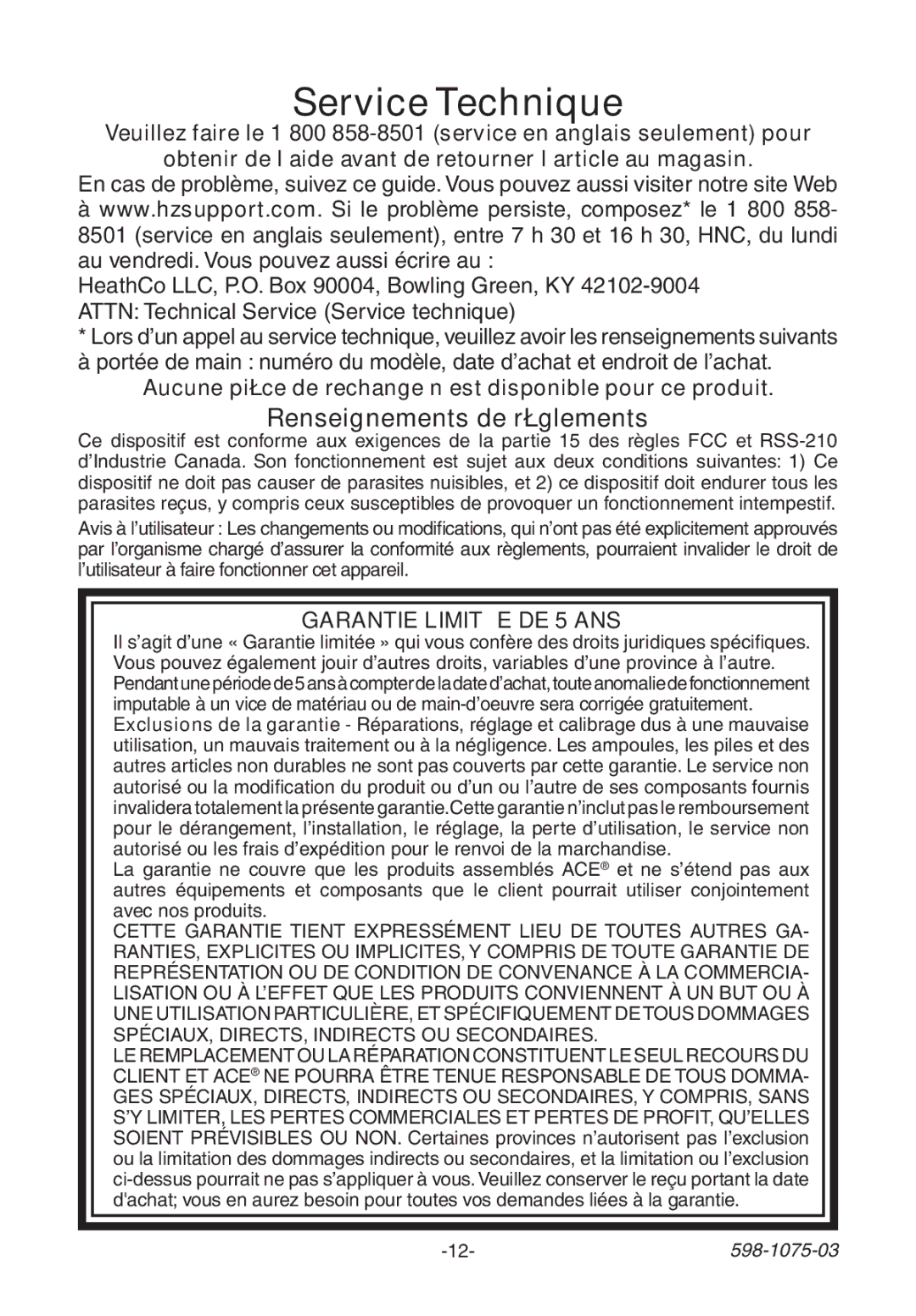 Heath Zenith 3035748 (AC-6195) manual Service Technique, Renseignements de règlements 