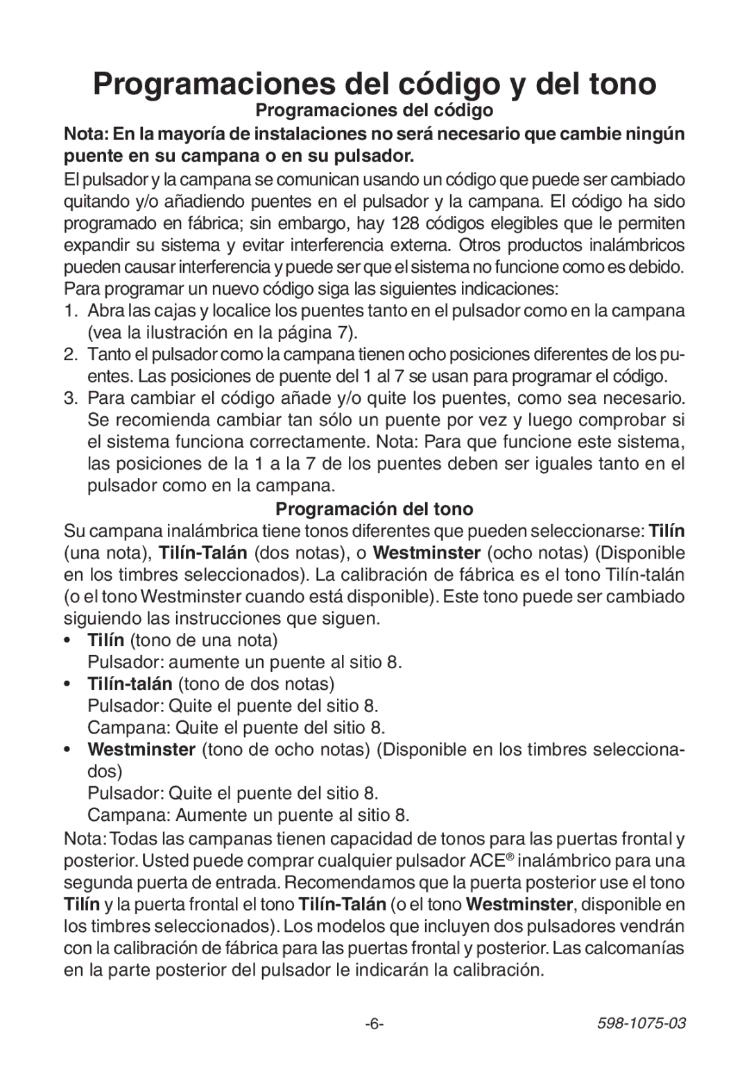 Heath Zenith 3035748 (AC-6195) manual Programaciones del código y del tono, Programación del tono 