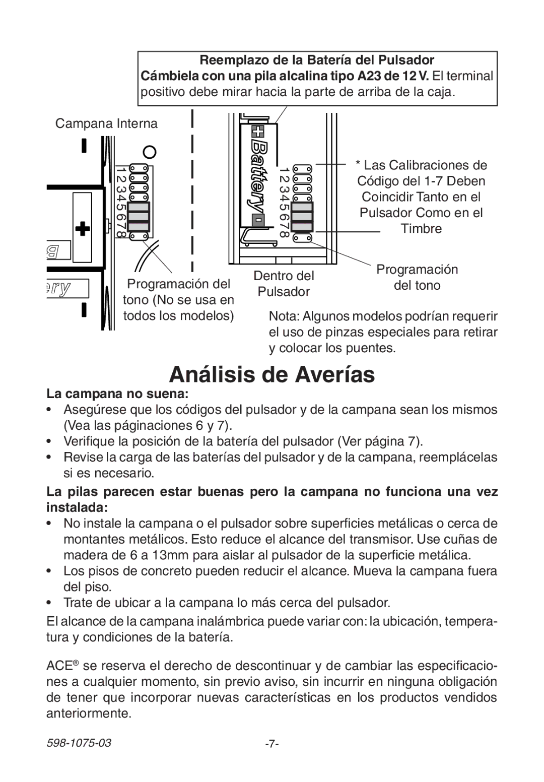 Heath Zenith 3035748 (AC-6195) manual Análisis de Averías, Reemplazo de la Batería del Pulsador, La campana no suena 