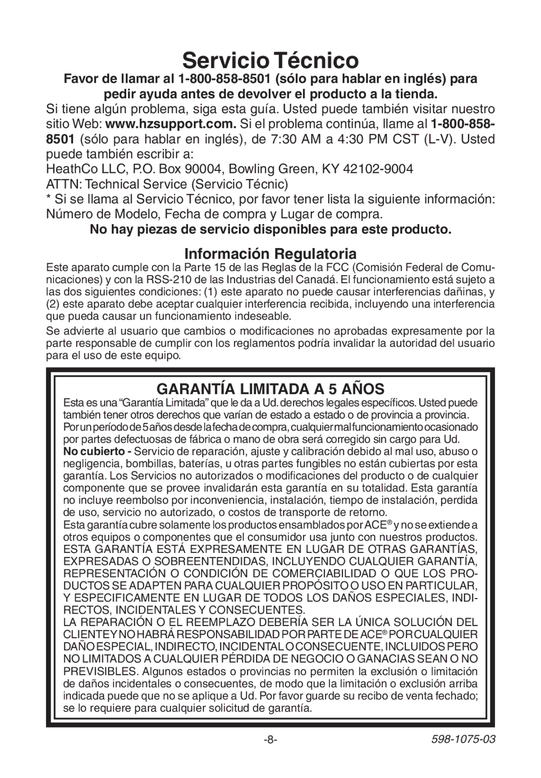 Heath Zenith 3035748 (AC-6195) manual Servicio Técnico, Información Regulatoria 