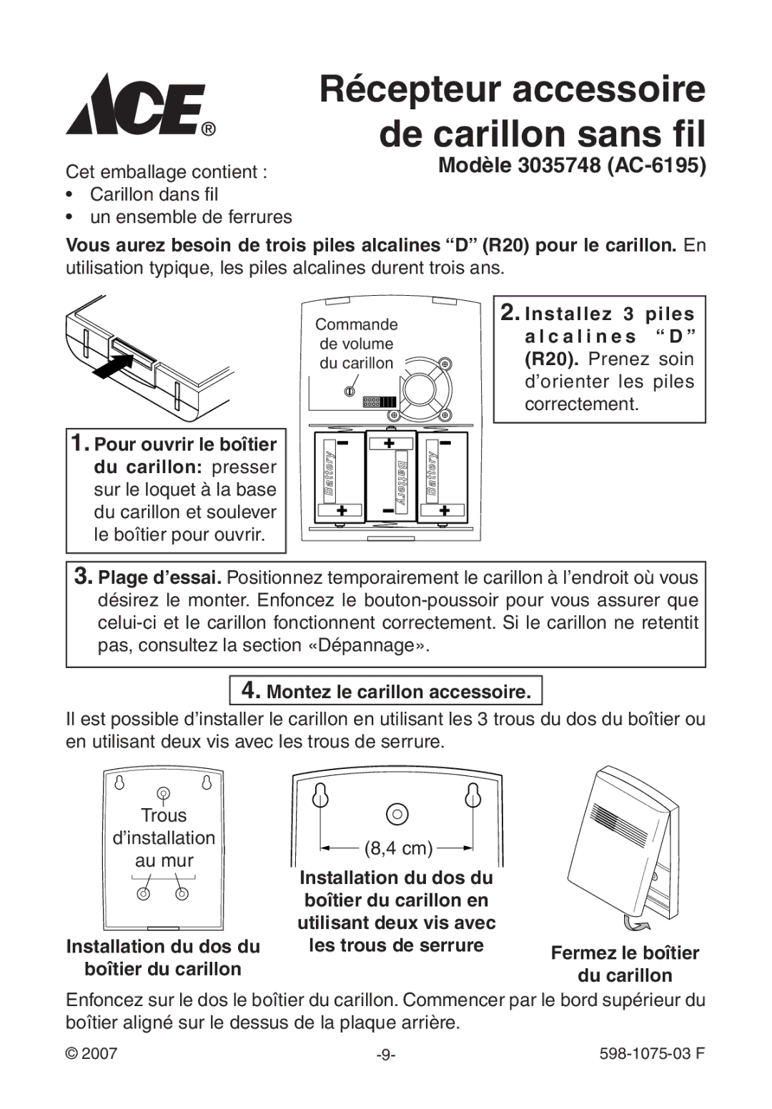 Heath Zenith 3035748 (AC-6195) manual De carillon sans fil, Modèle 3035748 AC-6195, Cet emballage contient 