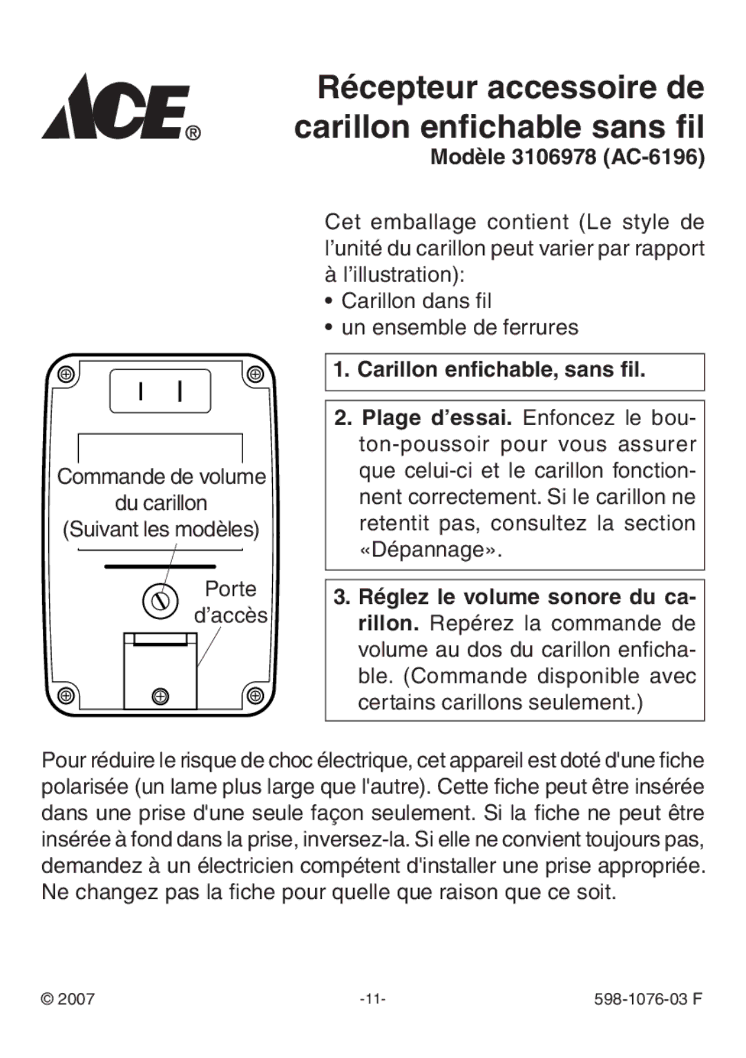 Heath Zenith 3106978 (AC-6196) manual Modèle 3106978 AC-6196, Carillon enfichable, sans fil 