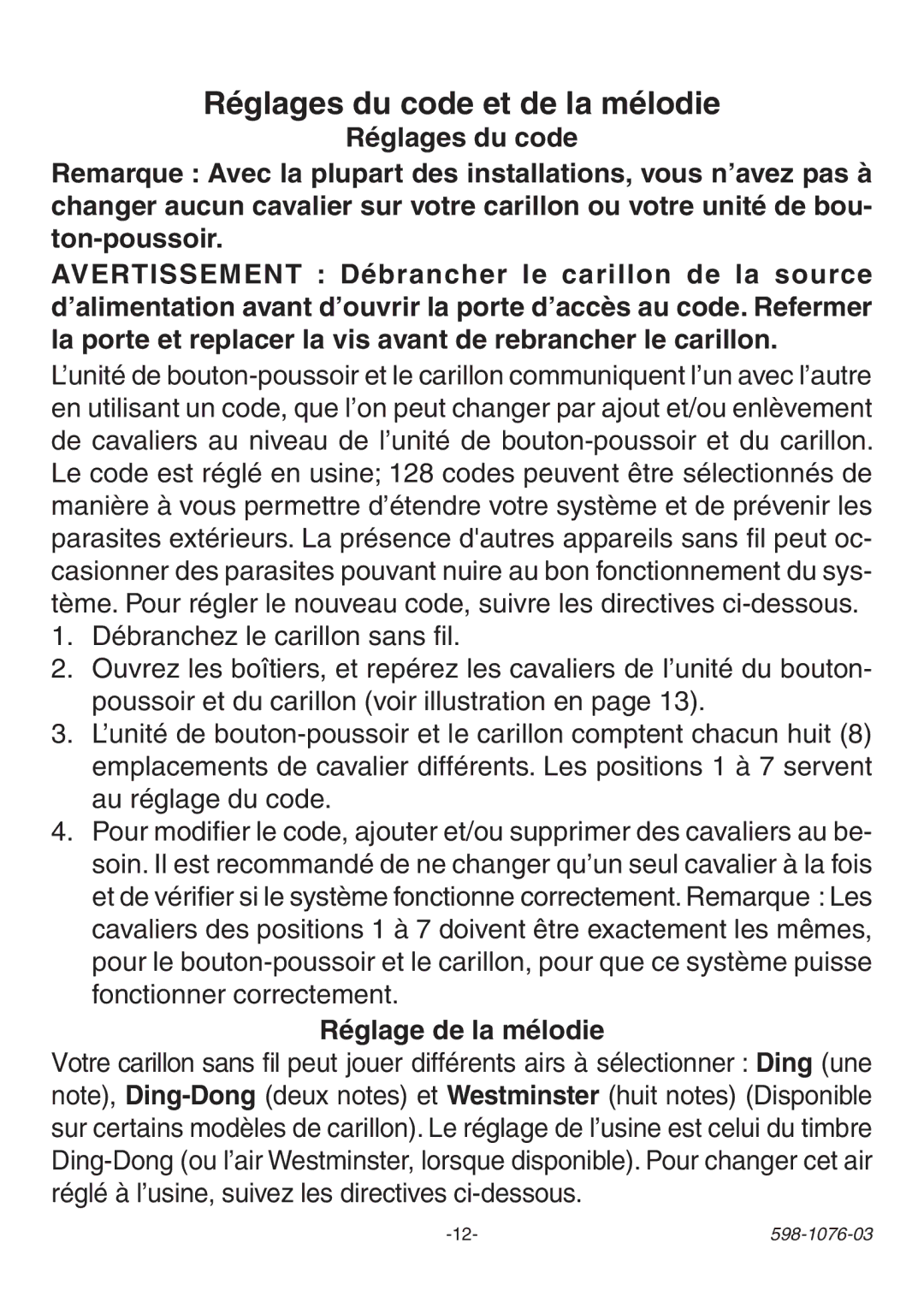 Heath Zenith 3106978 (AC-6196) manual Réglages du code et de la mélodie, Réglage de la mélodie 