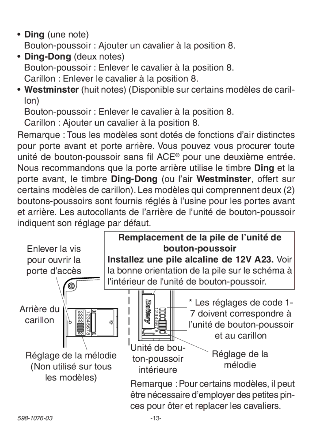 Heath Zenith 3106978 (AC-6196) manual Remplacement de la pile de l’unité de Bouton-poussoir 