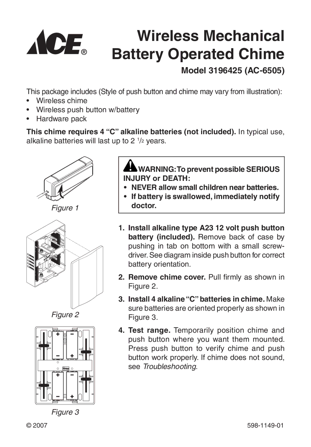 Heath Zenith 3196425 manual Wireless Mechanical Battery Operated Chime 