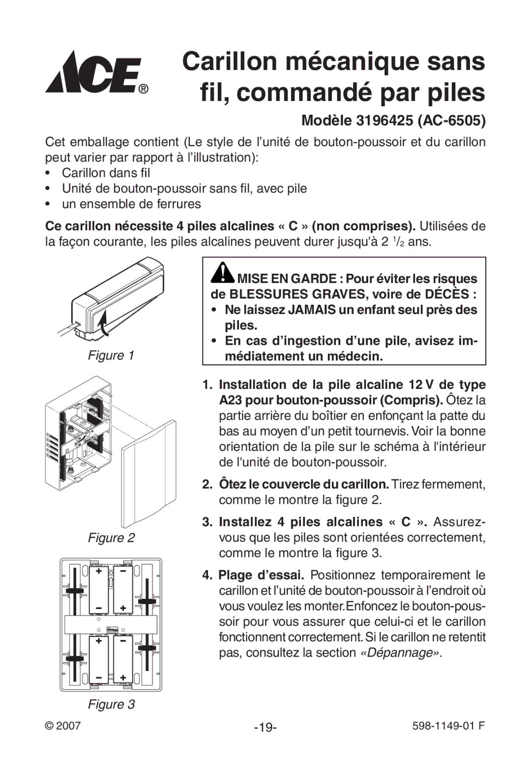 Heath Zenith 3196425 manual Carillon mécanique sans fil, commandé par piles 