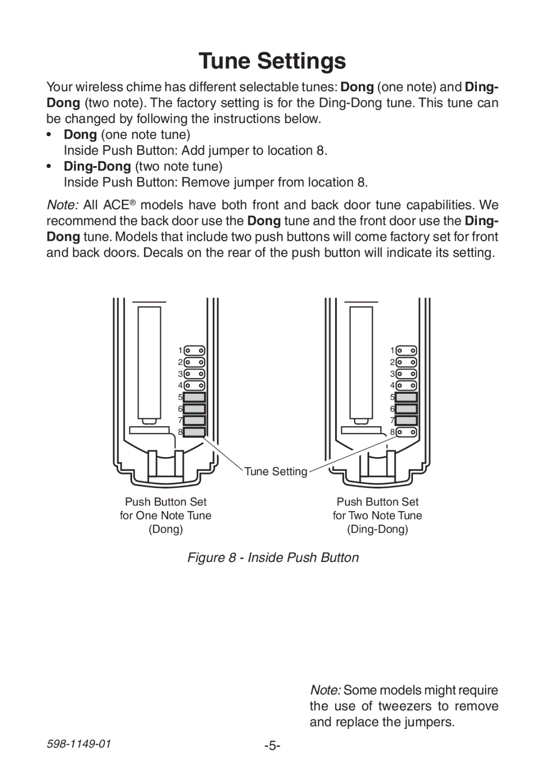 Heath Zenith 3196425 manual Tune Settings, Inside Push Button 