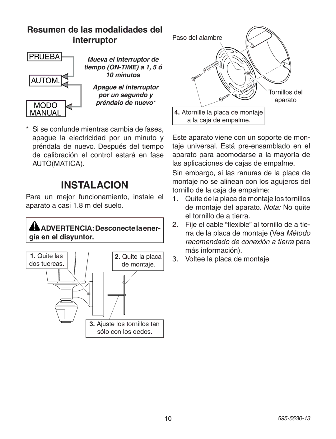 Heath Zenith 4162 warranty Instalacion, Resumen de las modalidades del Interruptor 