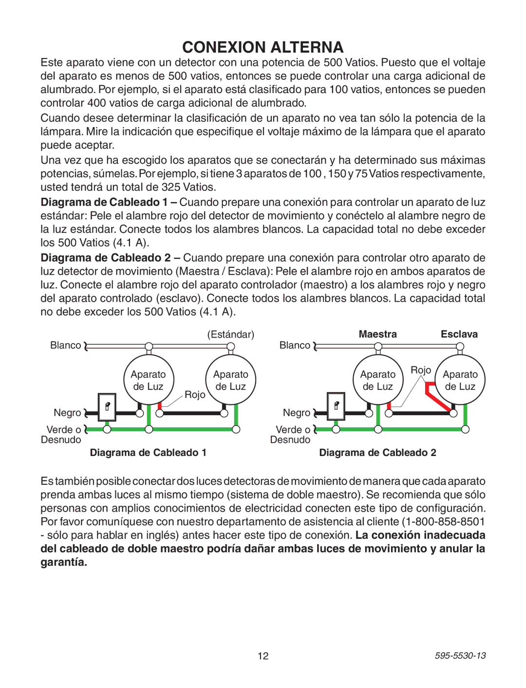 Heath Zenith 4162 warranty Conexion Alterna, Maestra Esclava, Diagrama de Cableado 