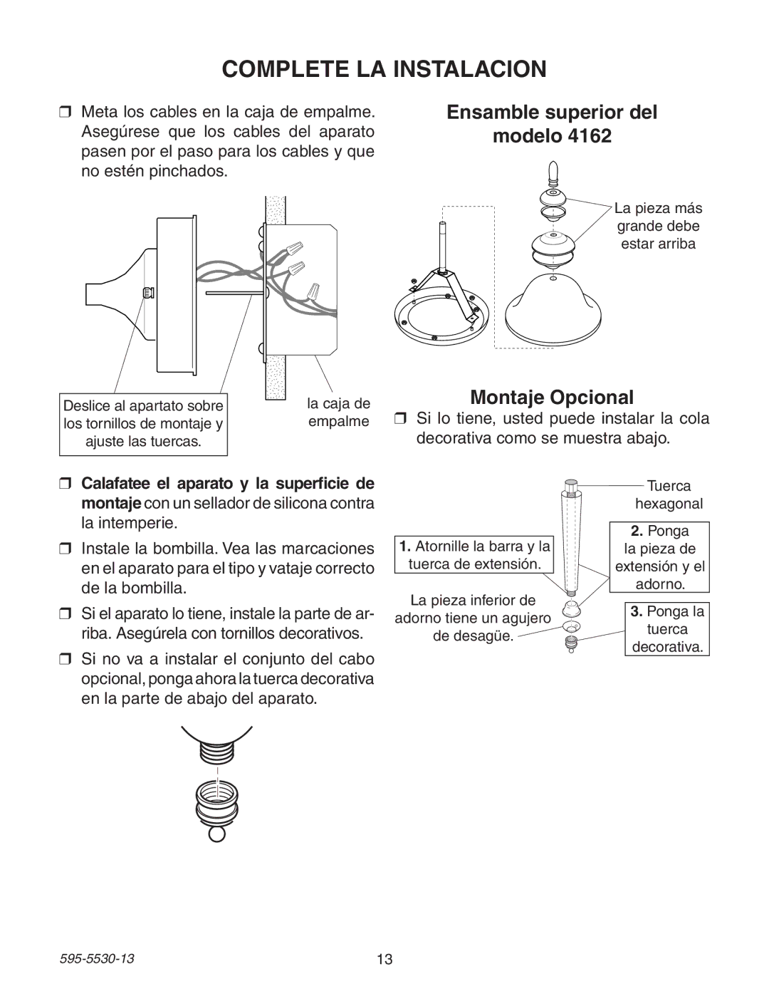 Heath Zenith 4162 warranty Complete LA Instalacion, Ensamble superior del Modelo, Montaje Opcional 