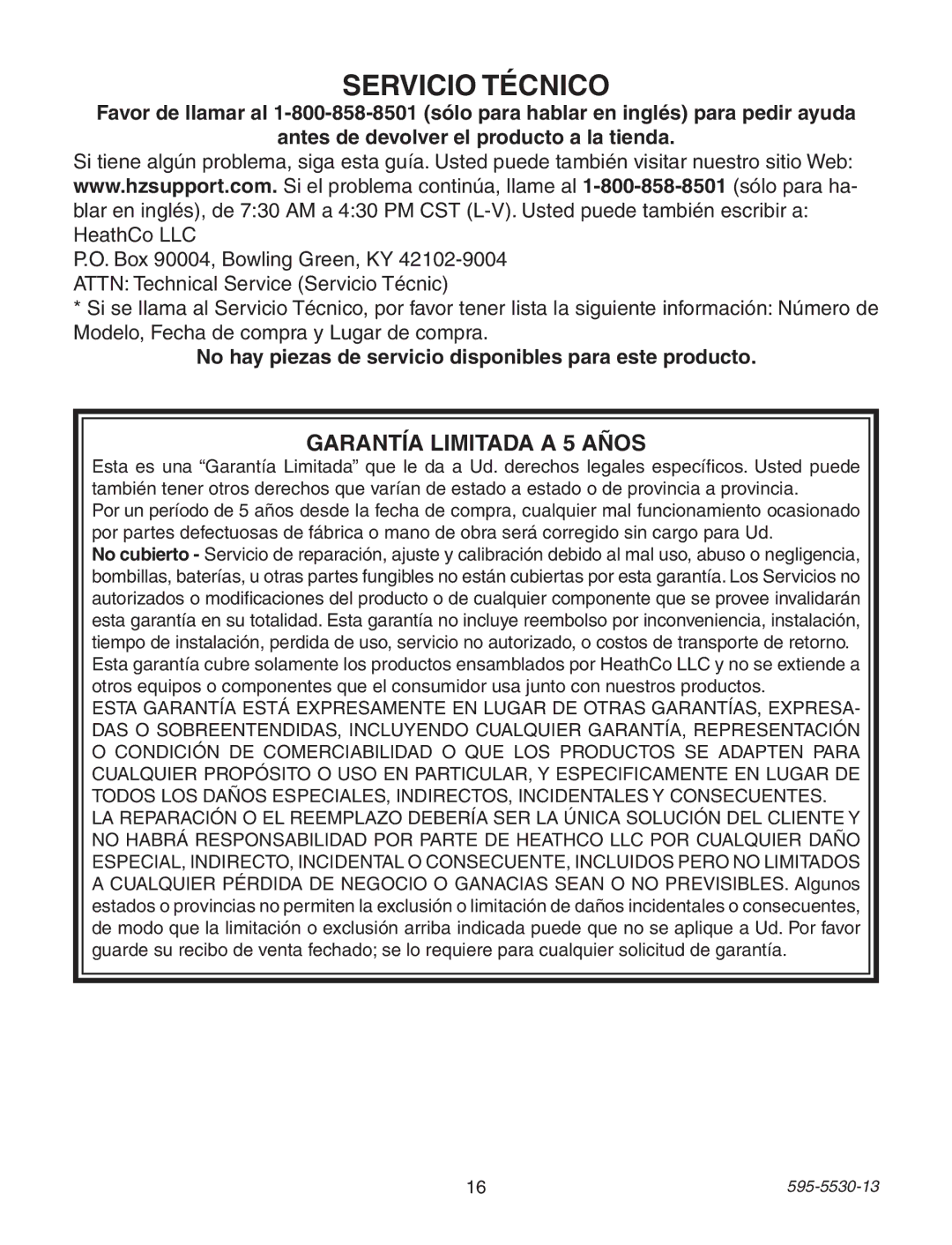 Heath Zenith 4162 warranty Servicio Técnico, No hay piezas de servicio disponibles para este producto 