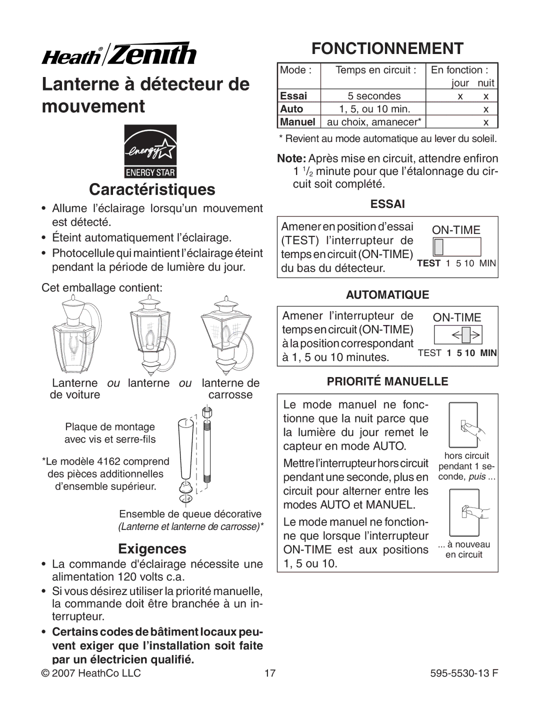 Heath Zenith 4162 warranty Fonctionnement, Exigences, Essai, Manuel 