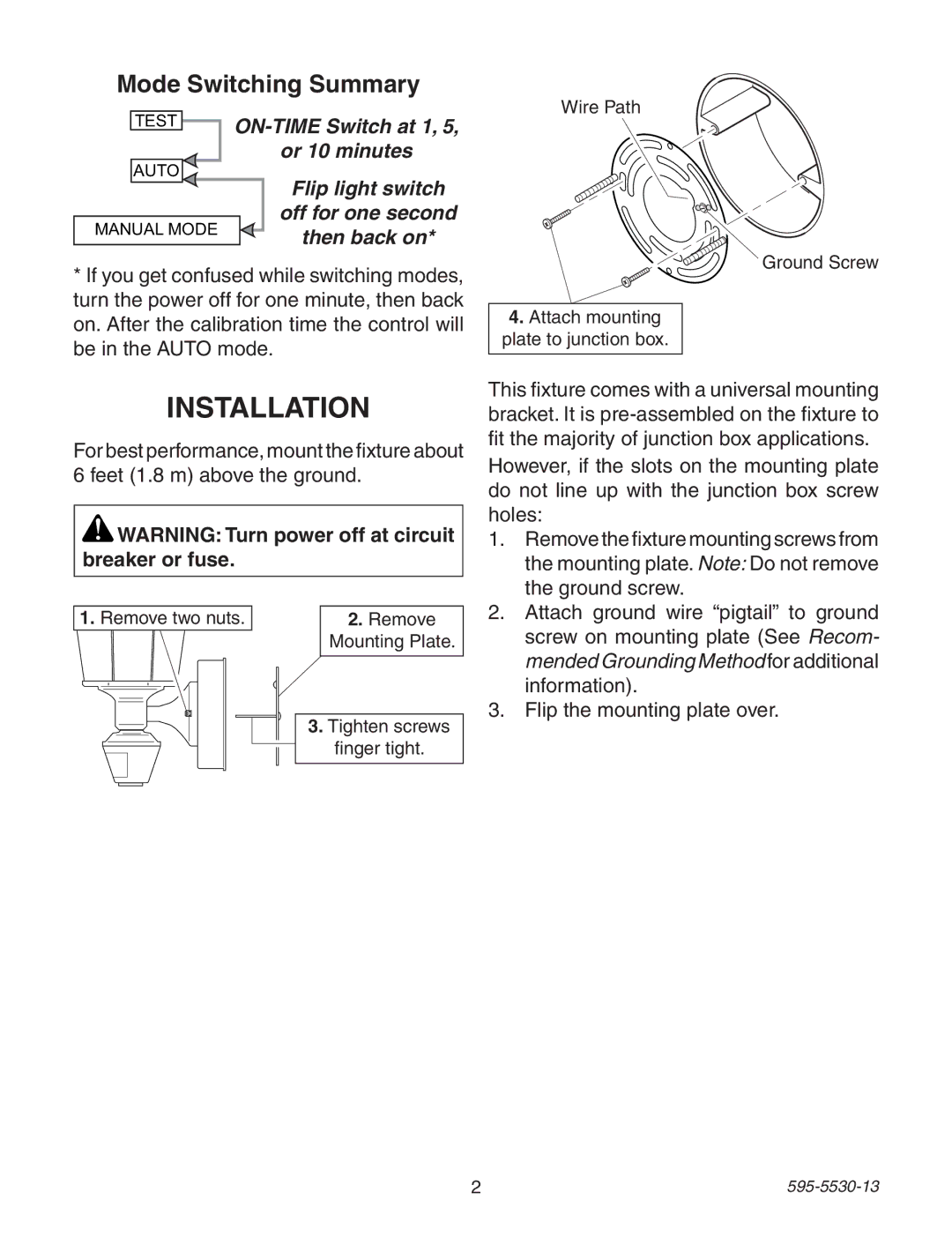 Heath Zenith 4162 warranty Installation, Mode Switching Summary 