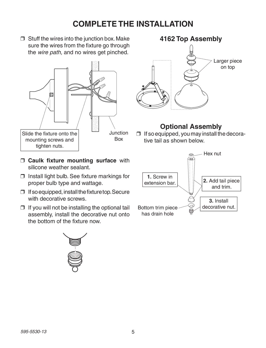 Heath Zenith 4162 warranty Complete the Installation, Top Assembly, Optional Assembly 