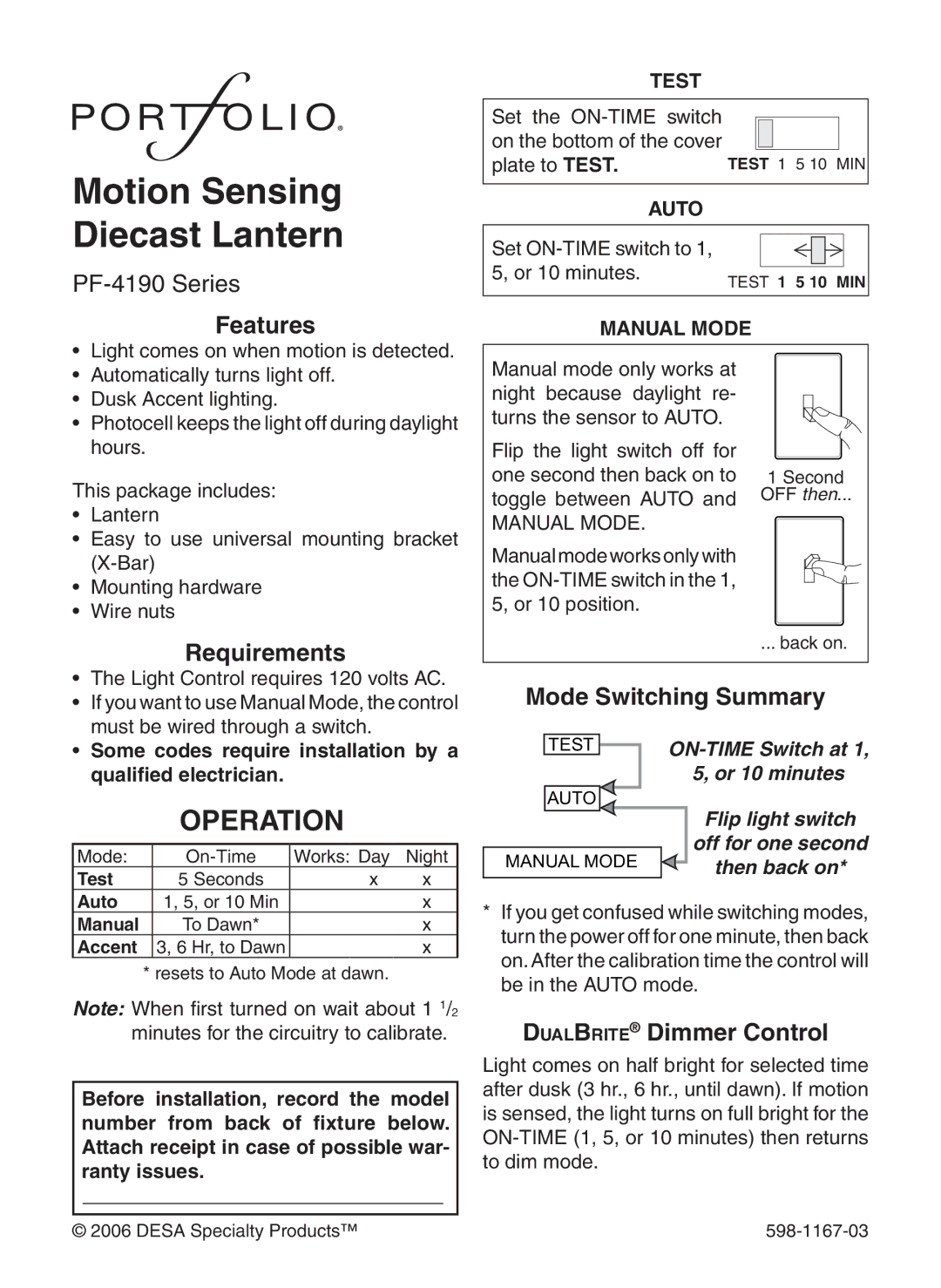 Heath Zenith 4193 warranty Operation, Features, Requirements, Mode Switching Summary, DualBrite Dimmer Control 