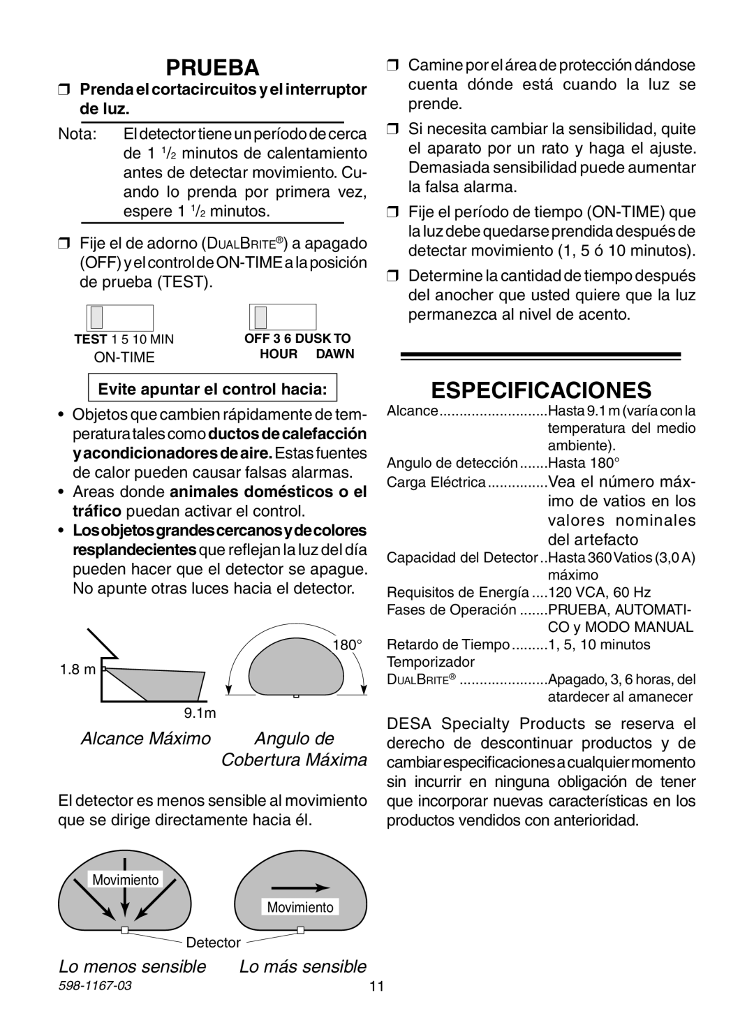 Heath Zenith 4193 warranty Prueba, Especificaciones 