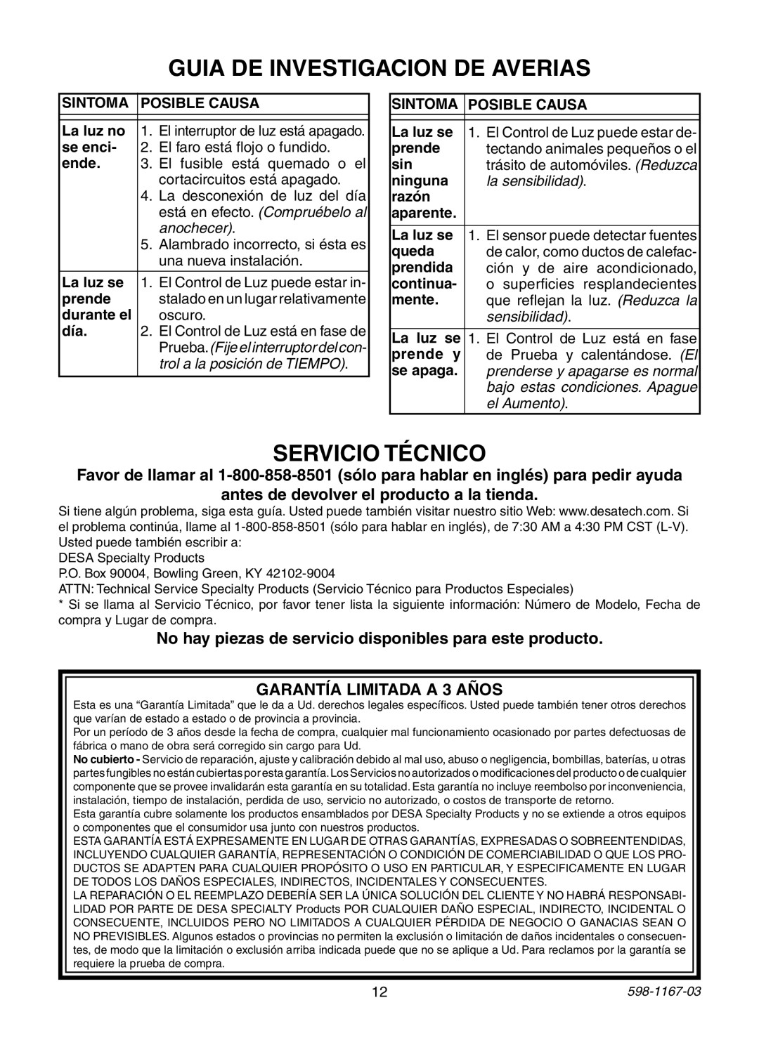 Heath Zenith 4193 warranty Guia DE Investigacion DE Averias, Servicio Técnico, Garantía Limitada a 3 Años 