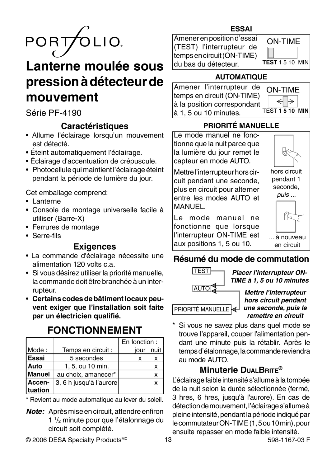 Heath Zenith 4193 warranty Fonctionnement, Caractéristiques, Exigences, Résumé du mode de commutation, Minuterie DualBrite 