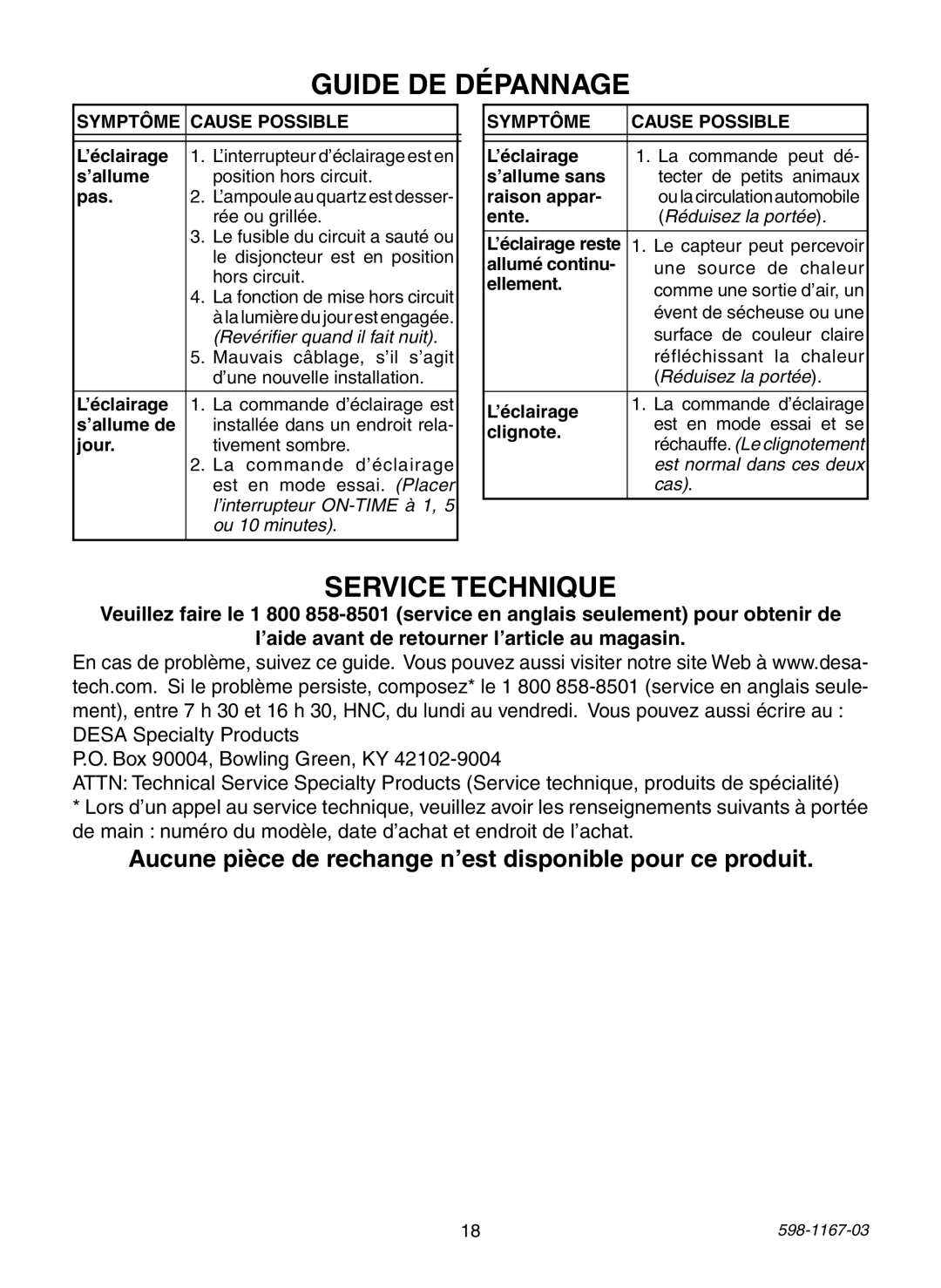 Heath Zenith 4193 warranty Guide DE Dépannage, Service Technique, Aucune pièce de rechange n’est disponible pour ce produit 