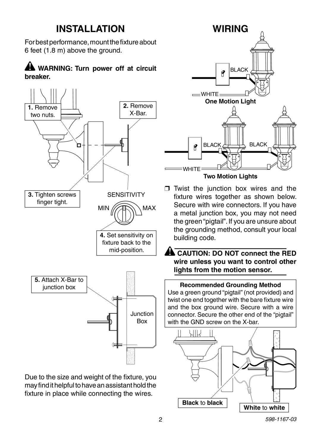 Heath Zenith 4193 warranty Installationwiring, One Motion Light, Two Motion Lights, Recommended Grounding Method 