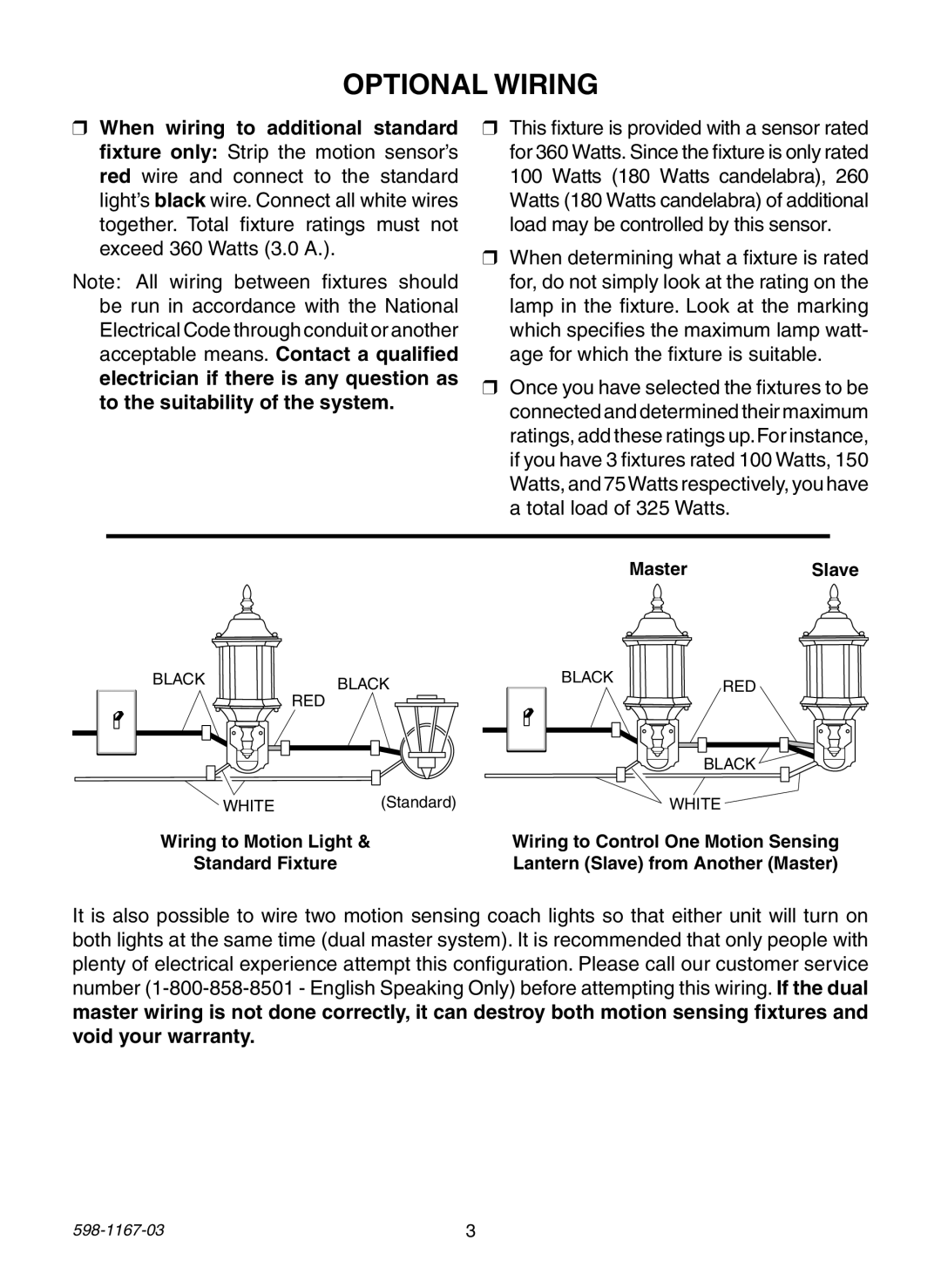 Heath Zenith 4193 warranty Optional Wiring, MasterSlave, Wiring to Motion Light Standard Fixture 