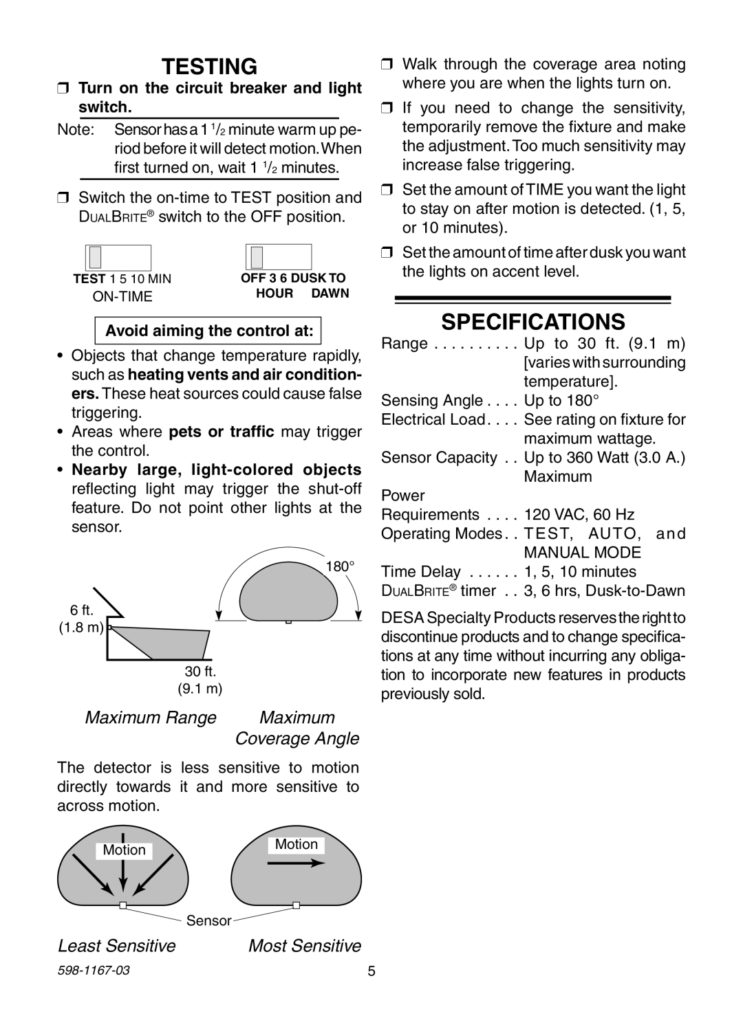 Heath Zenith 4193 warranty Testing, Specifications 