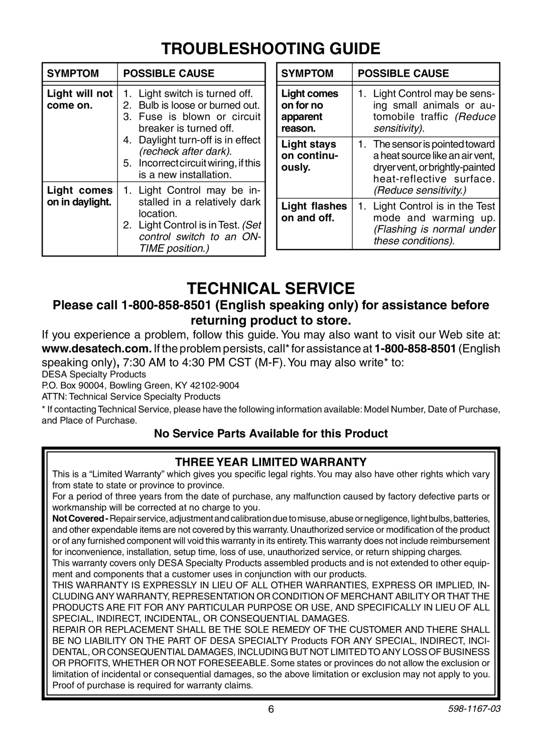 Heath Zenith 4193 warranty Troubleshooting Guide, Three Year Limited Warranty 