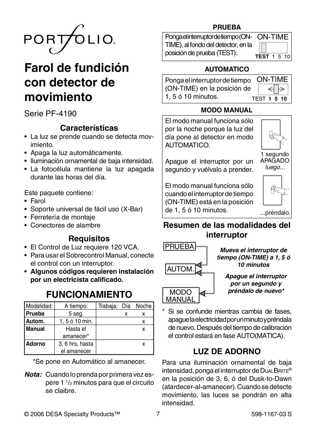 Heath Zenith 4193 warranty Funcionamiento, Características, Requisitos, Resumen de las modalidades del Interruptor 