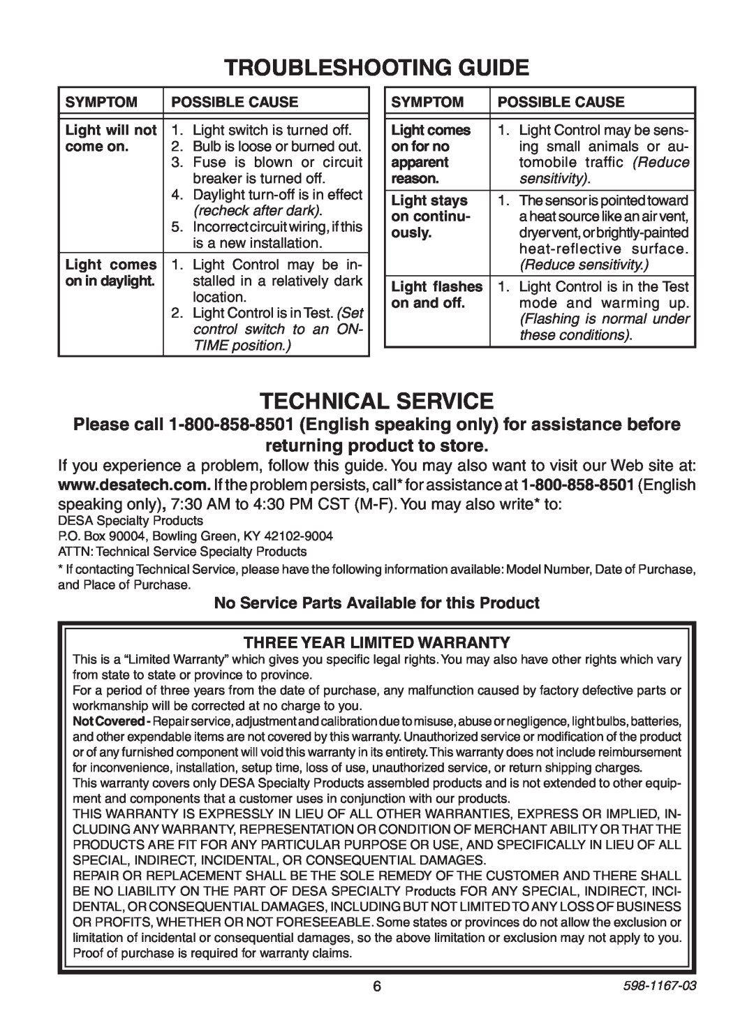 Heath Zenith 4193 Troubleshooting Guide, Technical Service, returning product to store, Three Year Limited Warranty, ously 