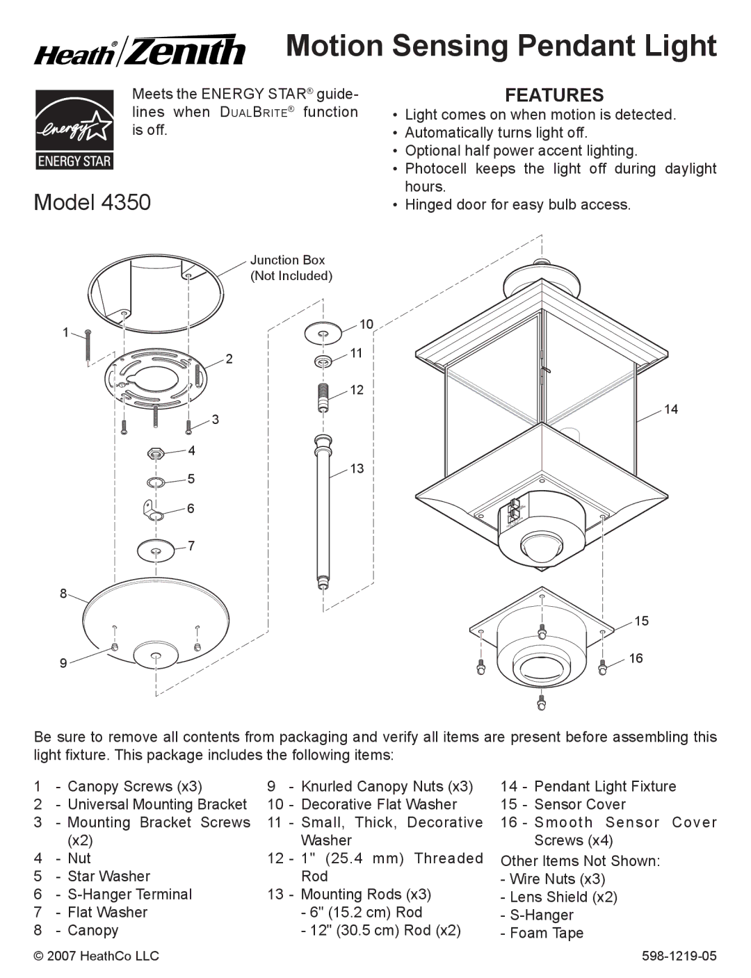 Heath Zenith 4350 manual Motion Sensing Pendant Light, Features 