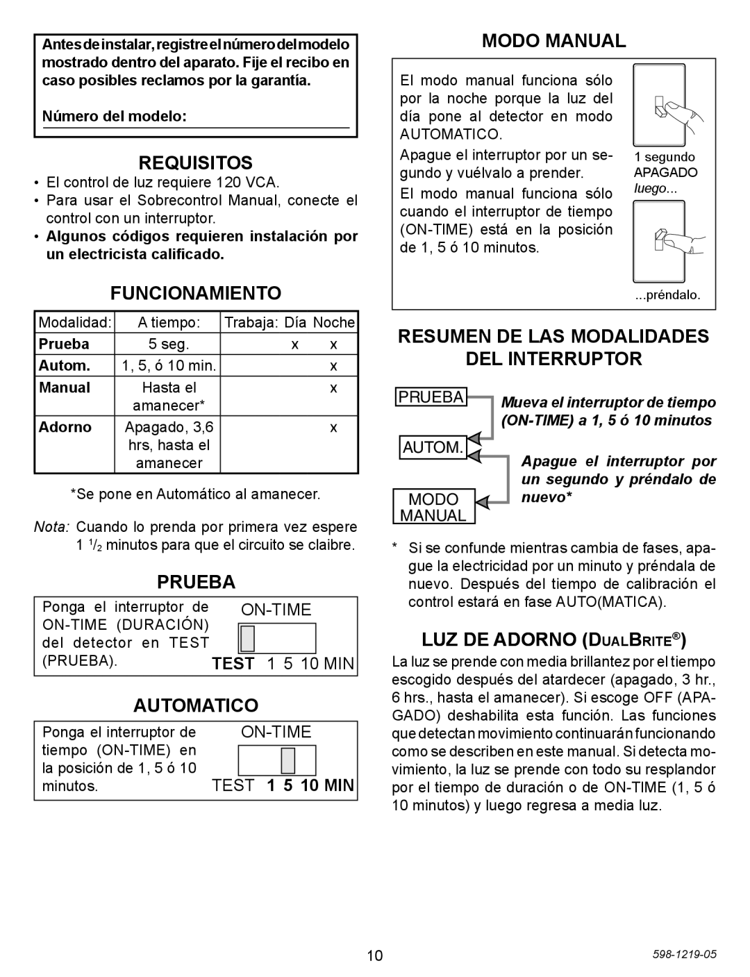 Heath Zenith 4350 manual Modo Manual, Funcionamiento, Prueba, Automatico 