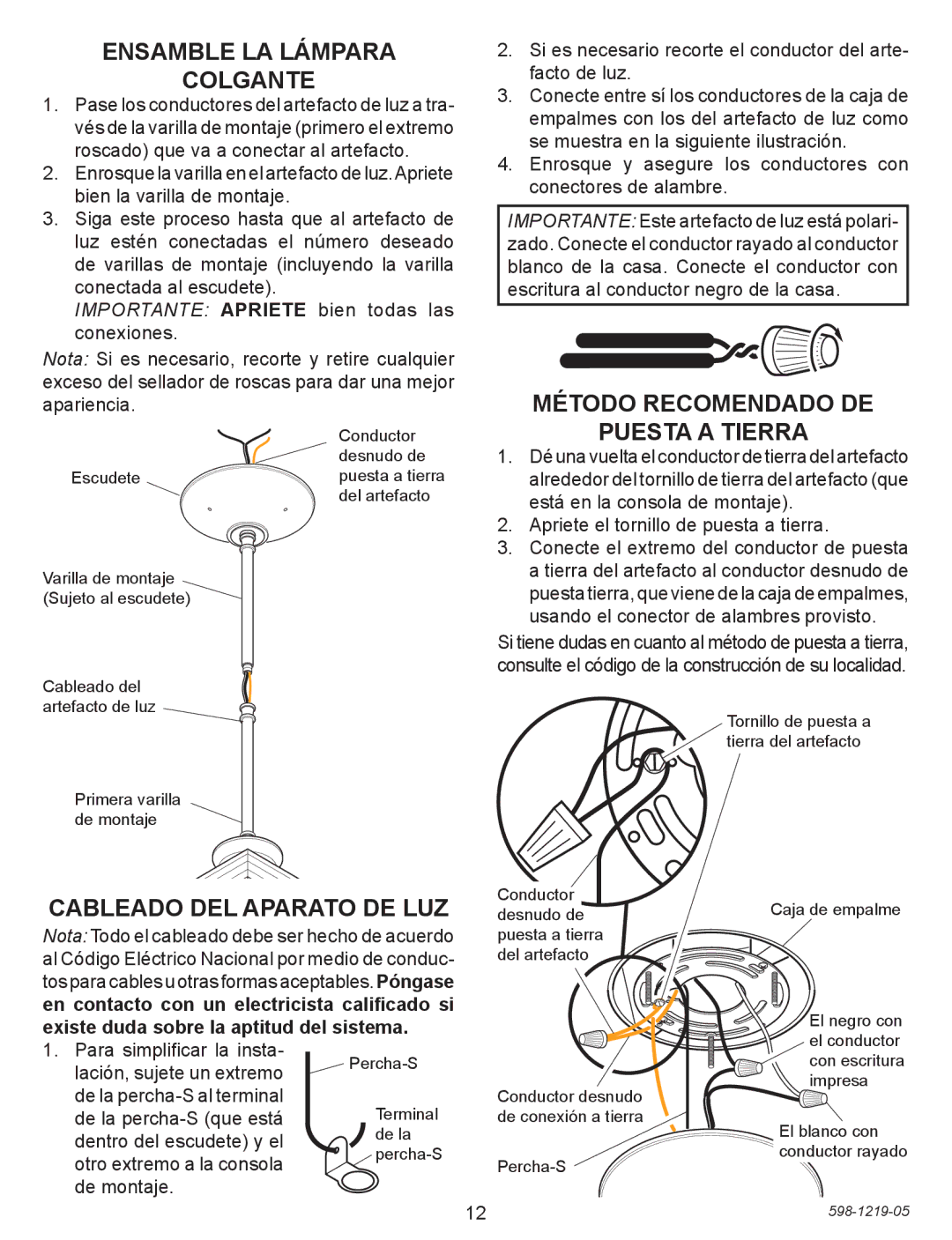 Heath Zenith 4350 manual Ensamble LA Lámpara Colgante, Cableado DEL Aparato DE LUZ, Método recomendado de Puesta a tierra 