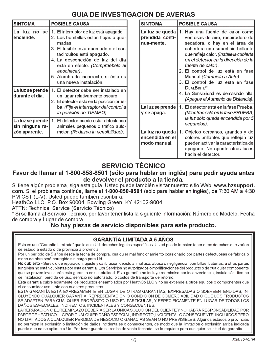 Heath Zenith 4350 manual Guia DE Investigacion DE Averias, Servicio Técnico 