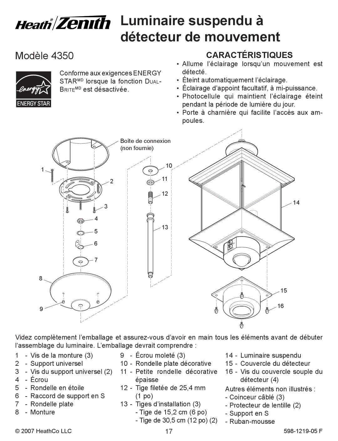 Heath Zenith 4350 manual Luminaire suspendu à détecteur de mouvement, Caractéristiques 